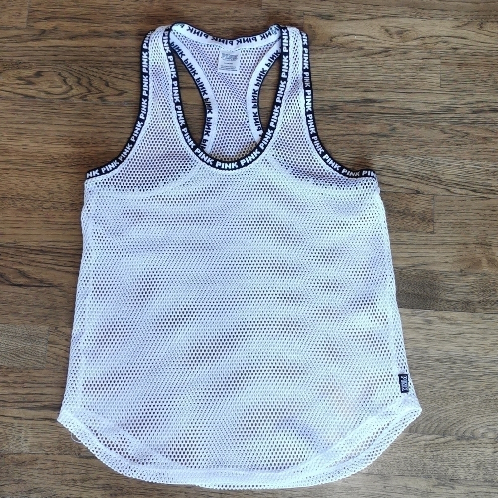 𝅺Pink Victoria's Secret Tank Retro White Mesh Medium